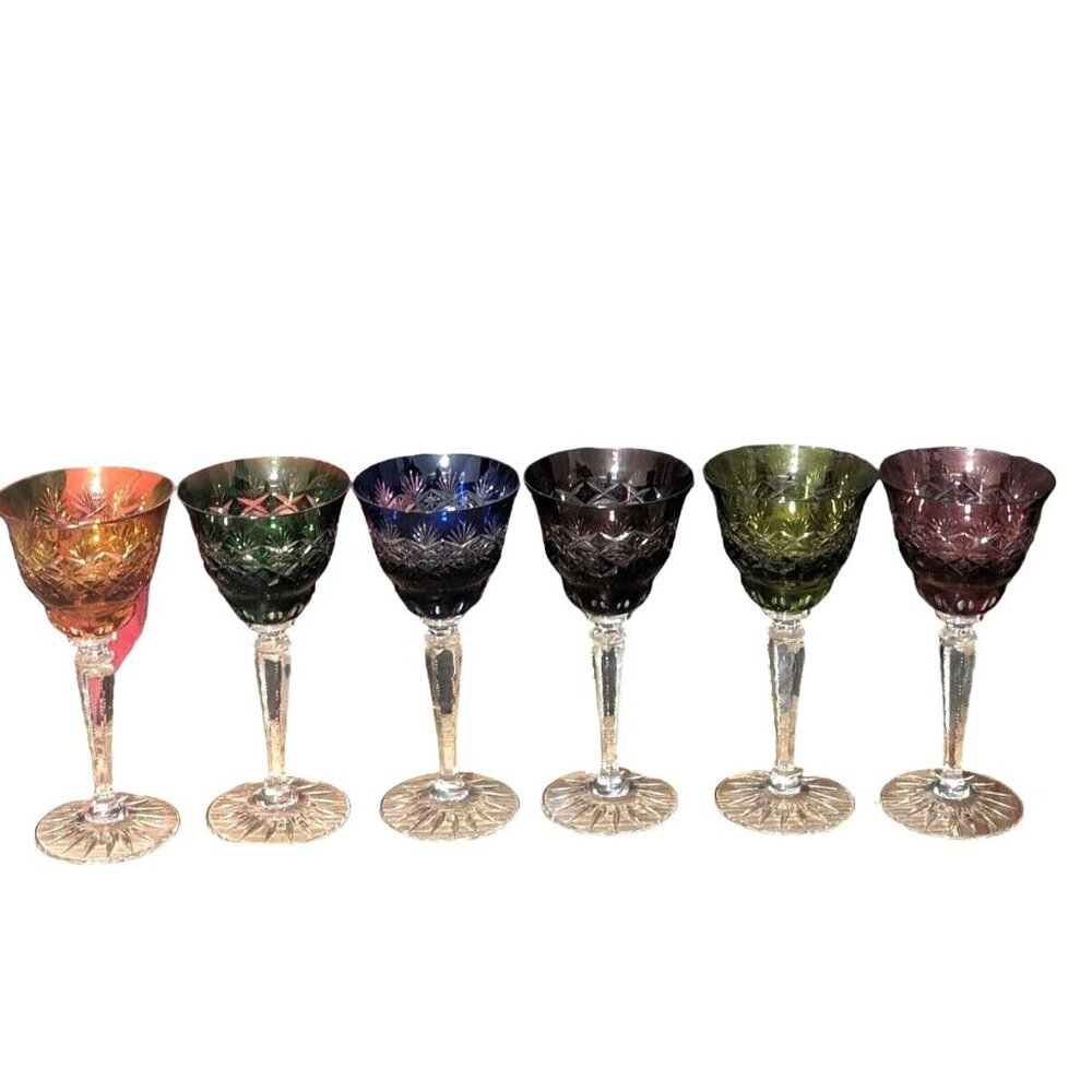 AJKA Discontinued Vintage Hungarian Crystal Cut To Clear Rainbow Wine Glasses
